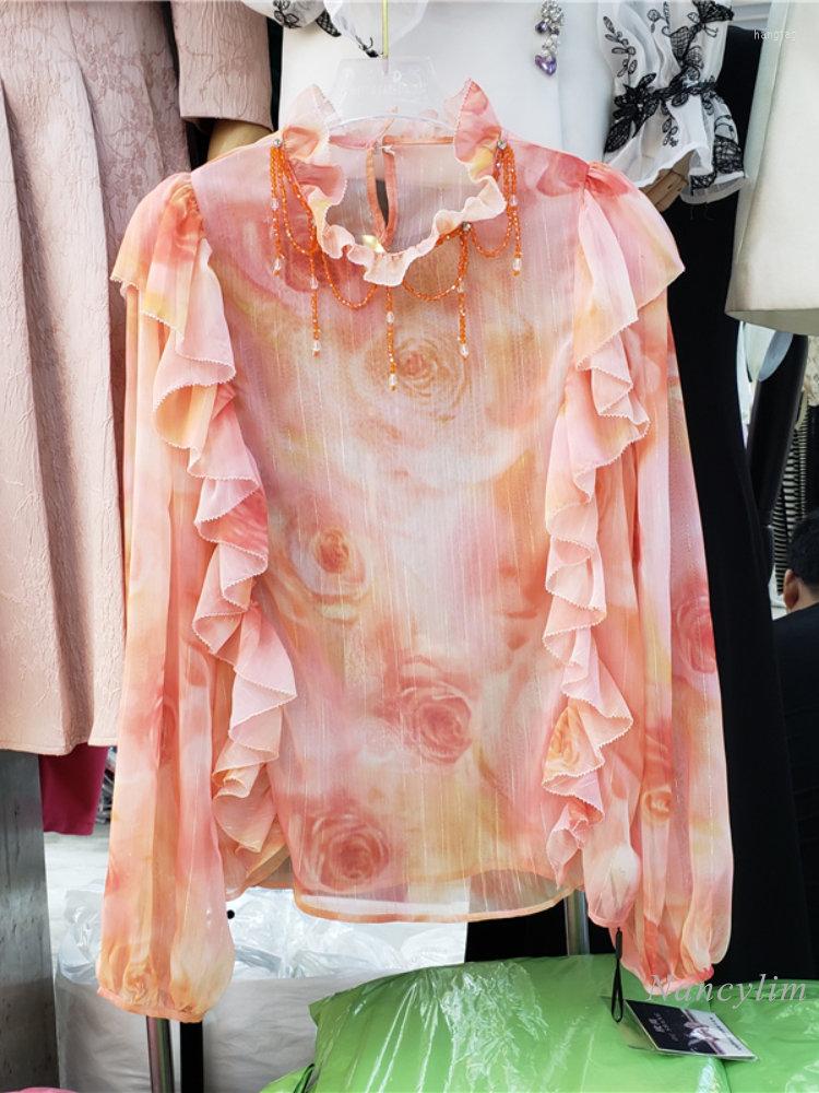 

Women' Blouses Sweet Flower Print Chiffon Blouse Women Spring And Summer Top 2023 Loose-Fitting Tassel Temperament Ruffled Collar Shirts, Orange red top