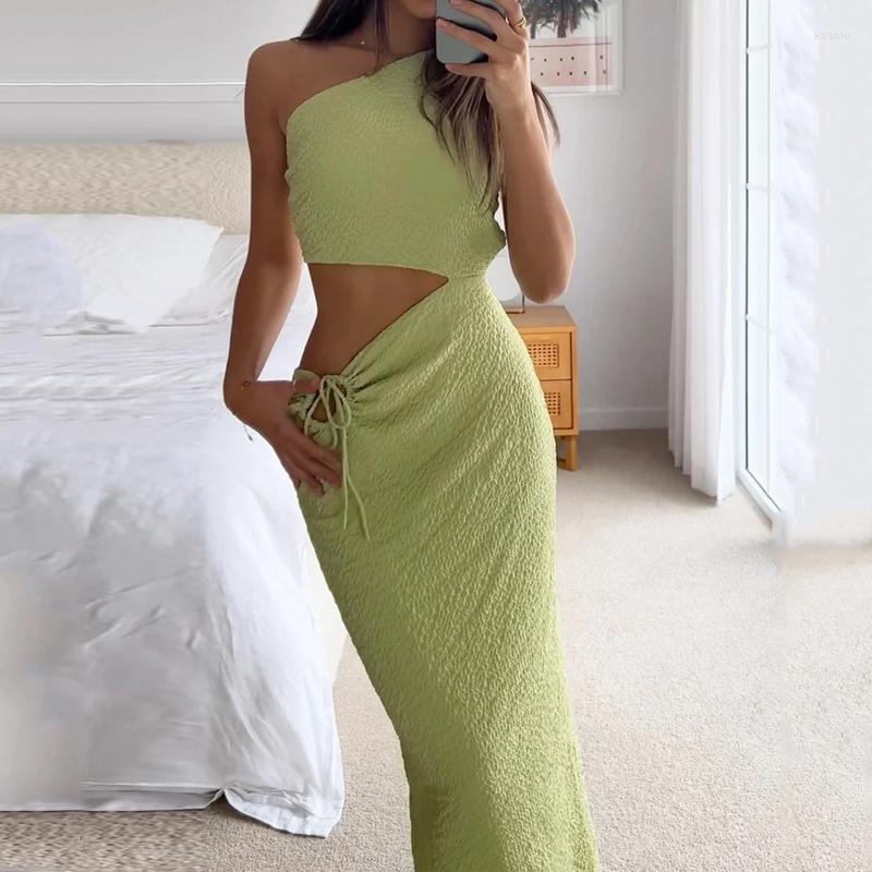

Casual Dresses Green Dress Women Party Hollow Out Y2k Off Shoulder Long Summer Sexy V Neck High Waist Slim Maxi Beach Vestido