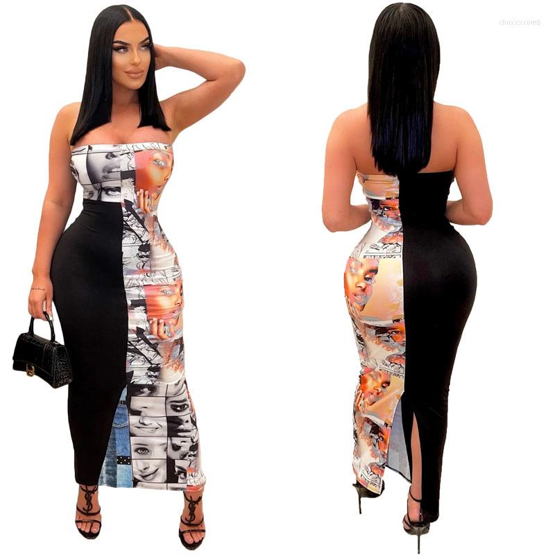 

Casual Dresses 2023 Summer Women' Sexy Bandeau One-Shoulder Fashion Irregular Color Matching Printed High Waist Tight Dress, Black