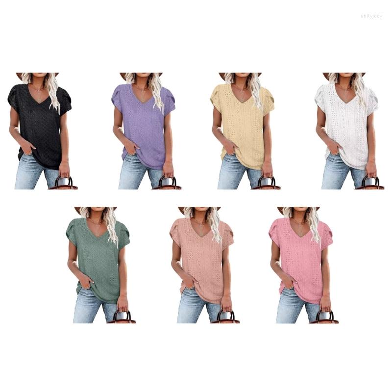 

Women' T Shirts Womens Elegant Petal Short Sleeve Hollow-Out Jacquard Plain Blouses T-Shirt V-Neck Solid Color Casual Loose Tunic Top, Black