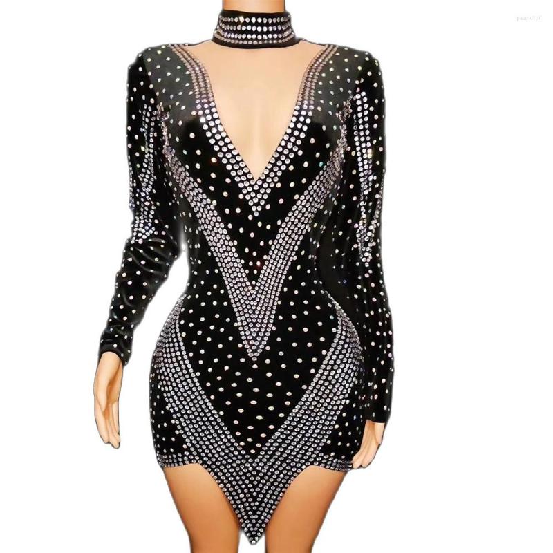 

Stage Wear Sparkling Diamond Women Longsleeve Dress V-Neck Gauze Perspective Tight Stretch Nightclub Costume Performance, Black