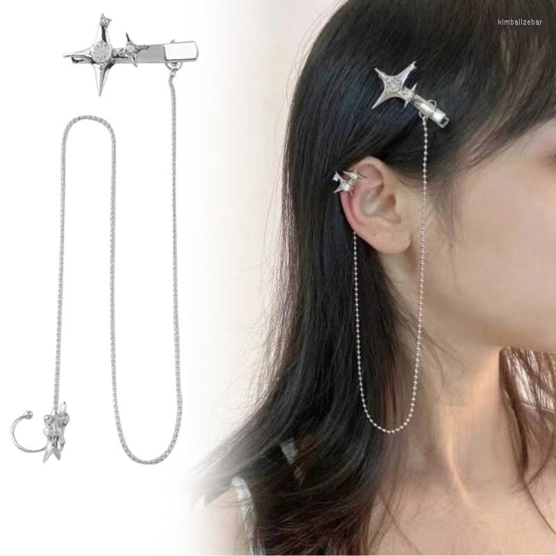 

Backs Earrings Fashion Star Clip On Long Chain Hair Non Piercing Cartilage Stud Earring Punk Jewelry