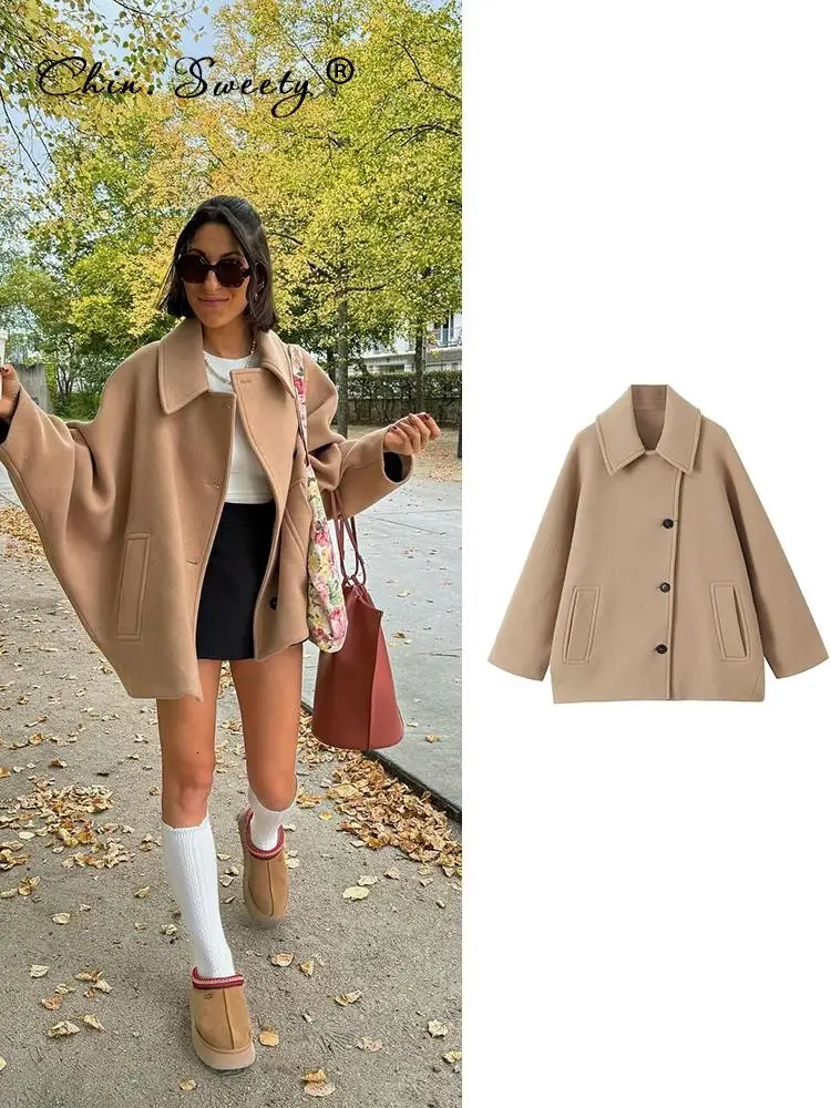 Mélange de laine féminine Mélanges Hiver Breasted Coat Automne Automne à manches longues Femelle Khaki Vestes matelasses élégantes bouton de poch