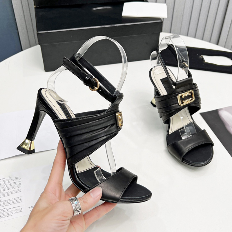 

Womens High-Heeled Sandals Genuine Leather Solid Color Small Thick Heel 9cm Women Shoes Can Handover Ankle Buckle Hardware Metal Letter Logo Dress Banquet Shoe, Box