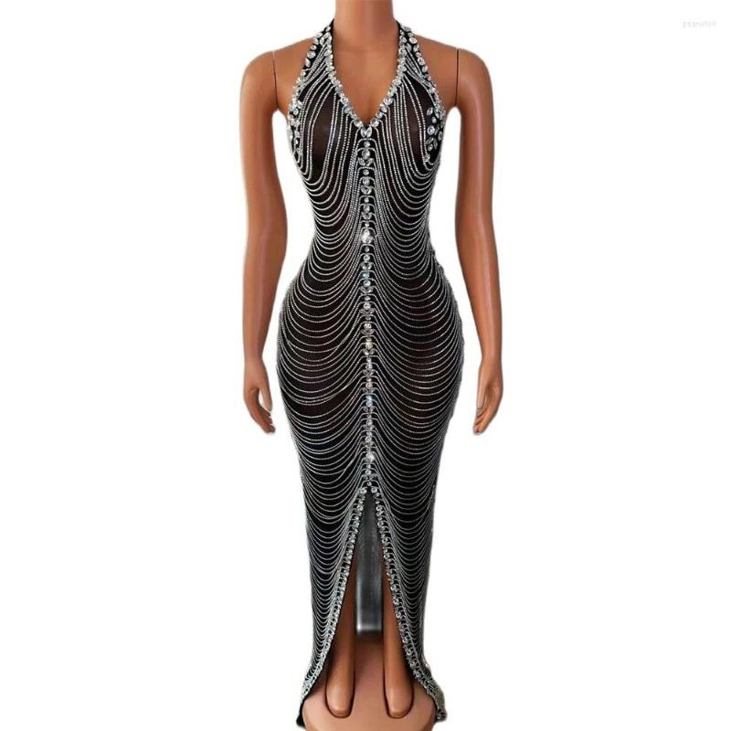 

Stage Wear Luxrious Rhinestones Chains Transparent V Neck Backless Black Long Dress Sexy Evening Birthday Celebriate Prom, Shorter type