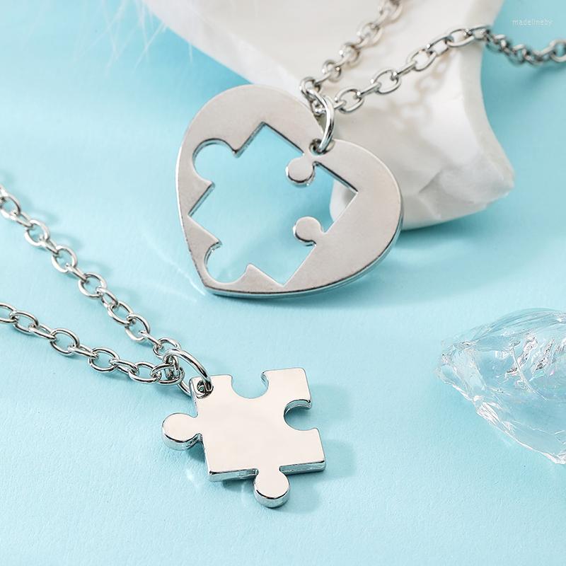 

Chains 2pcs/set Heart Shaped Pendant Necklace For Men And Women Fashion Trend Love Hollow Puzzle Splice Collar Jewelry Accessories Gift