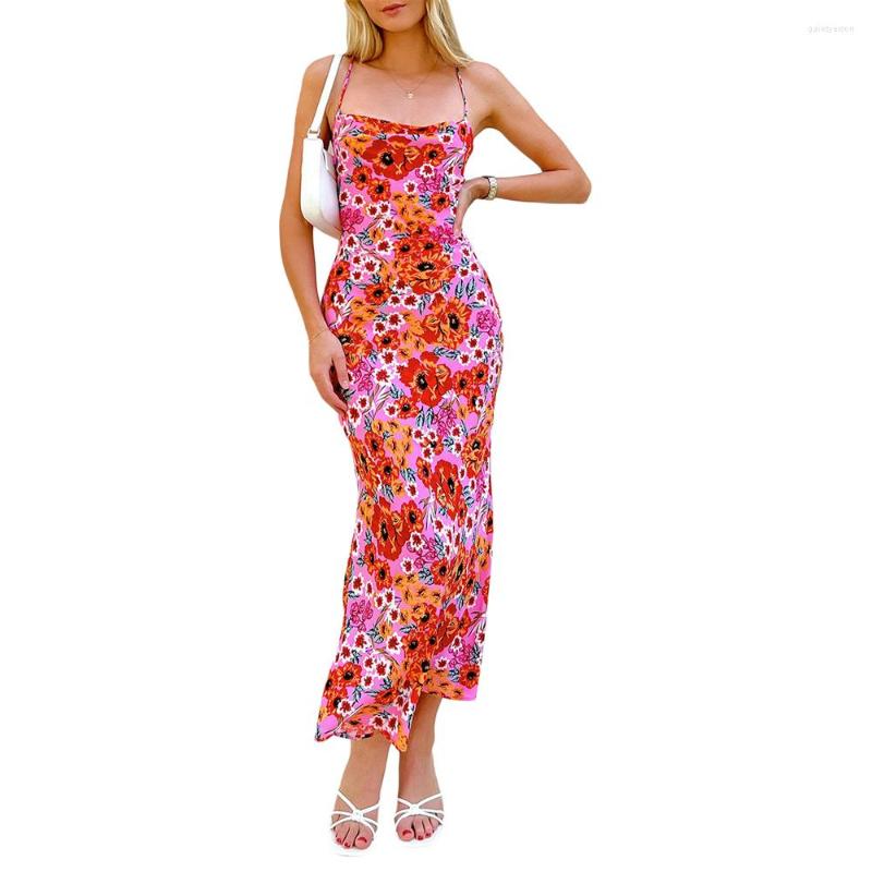 

Casual Dresses Women Sling Dress Sleeveless Tie-up Backless Flower Print Summer Long For Cocktail Party, Pink