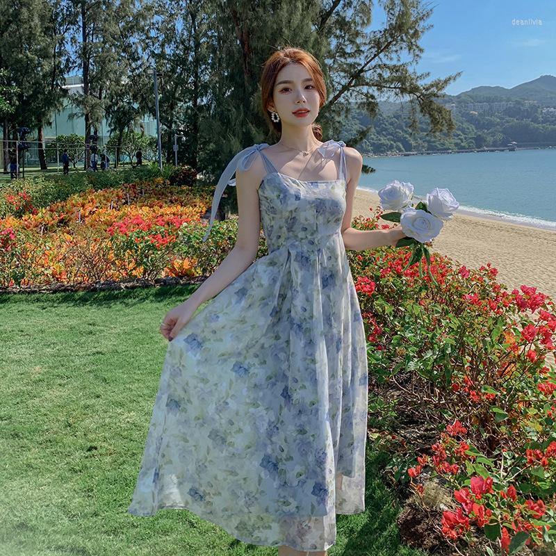 

Casual Dresses Fashion Floral Print Dress For Girls Summer Spaghetti Strap Style Long Gowns Elegant Ladies Wedding Party Club Clothing, Blue