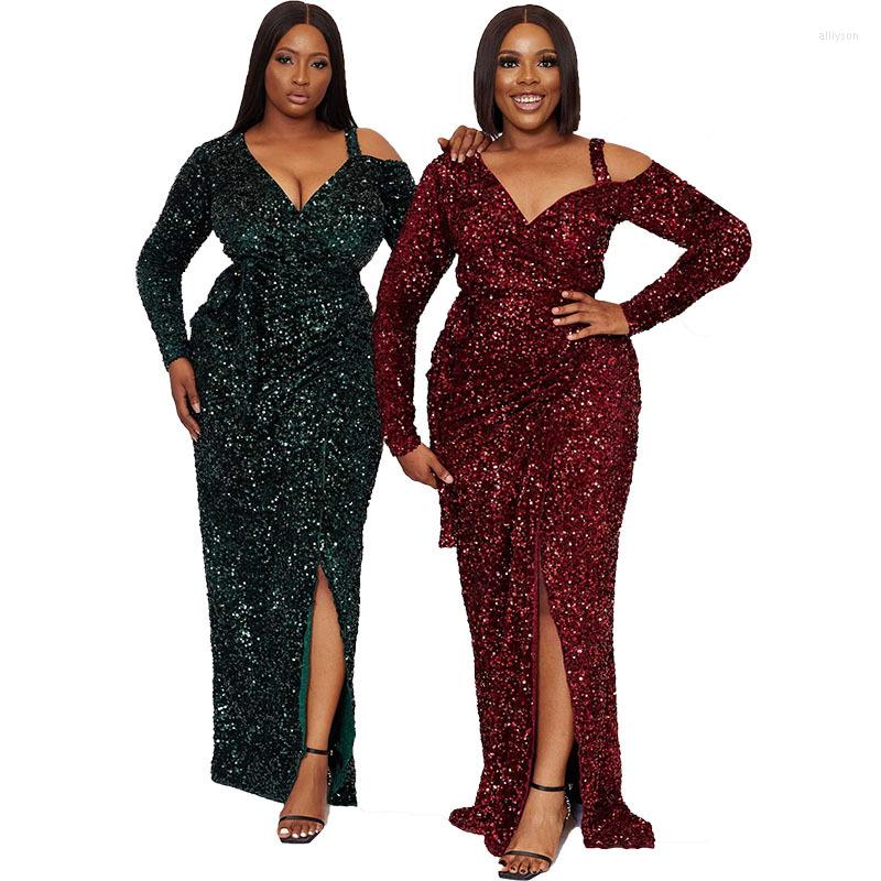 

Ethnic Clothing African Maxi Dress Spring Autumn Women Sexy Long Sleeve V-neck Polyester Sequined Dresses For