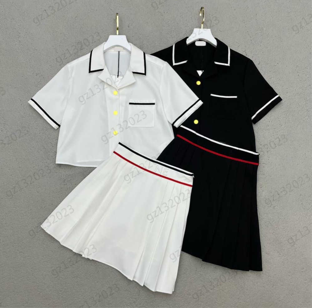 

Fashion Two Piece Dress Striped Embellished Pocket Lapel Short-sleeved Shirt Elastic Ribbon Design High Waist Pleated Skirt Two Pieces Set Women 1970
