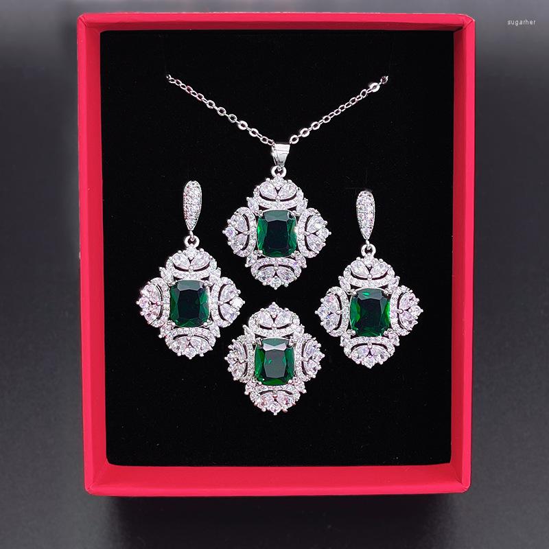 

Necklace Earrings Set Rectangular Treasure Emerald Color Rings For Women Zirconia, Picture shown