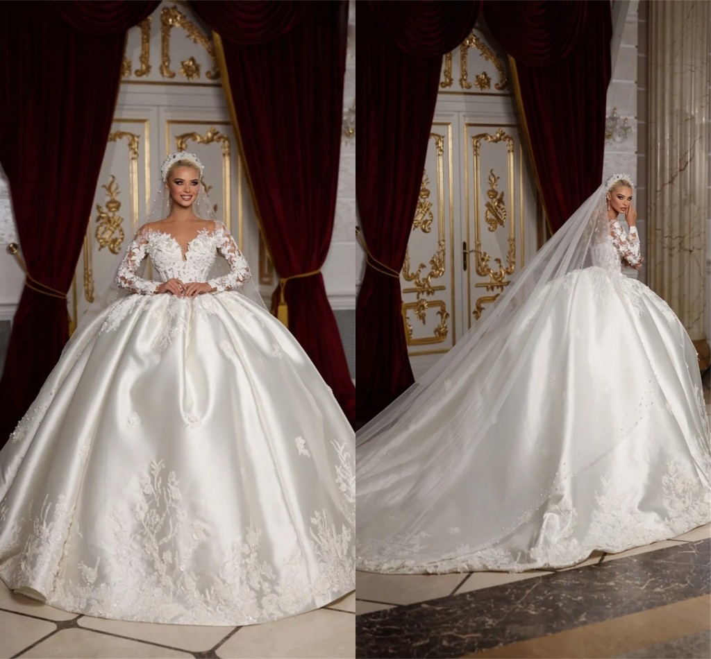 

Chic Ivory Satin Ball Gown Wedding Dresses With Long Sleeves Sheer Neck Lace Appliqued Vintage Church Bridal Gowns Dubai Arabic Long Train Vestidos De Novia CL2164, Light yellow