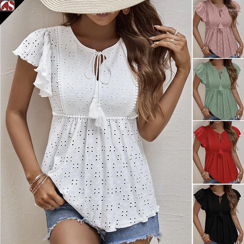 

Women' Blouses 2023 Summer Jacquard Lace Blouse Women Up Tops Hollow Out Butterfly Sleeve Shirt Elegant Fashion Office Lady Blusas 25344, Red