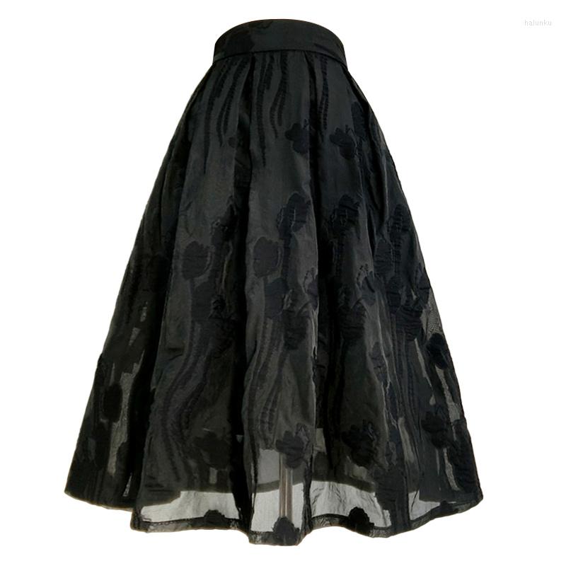 

Skirts 2023 Spring Summer Women Korean Clothing Elegant Gothic Black Floral Embroidery High Waist Long Mesh Tulle Skirt Y2k Fashion, 01