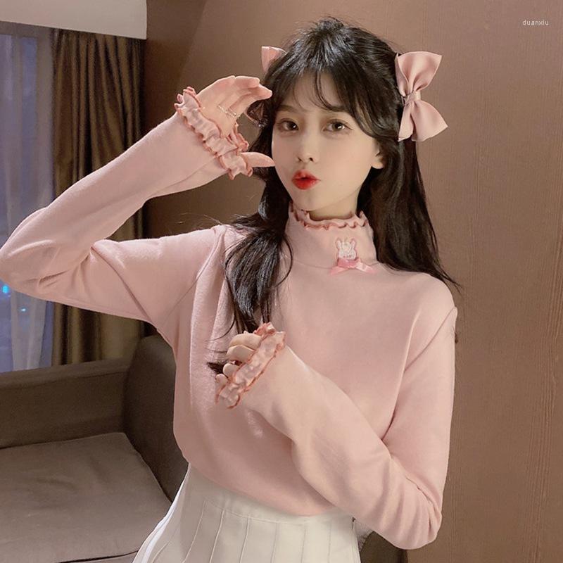 

Women' T Shirts Women' Casual Versatile Pullover Solid Color Sweet Bow Knot Embroidery Half Turtleneck Long Sleeve Bottom Shirt, Black