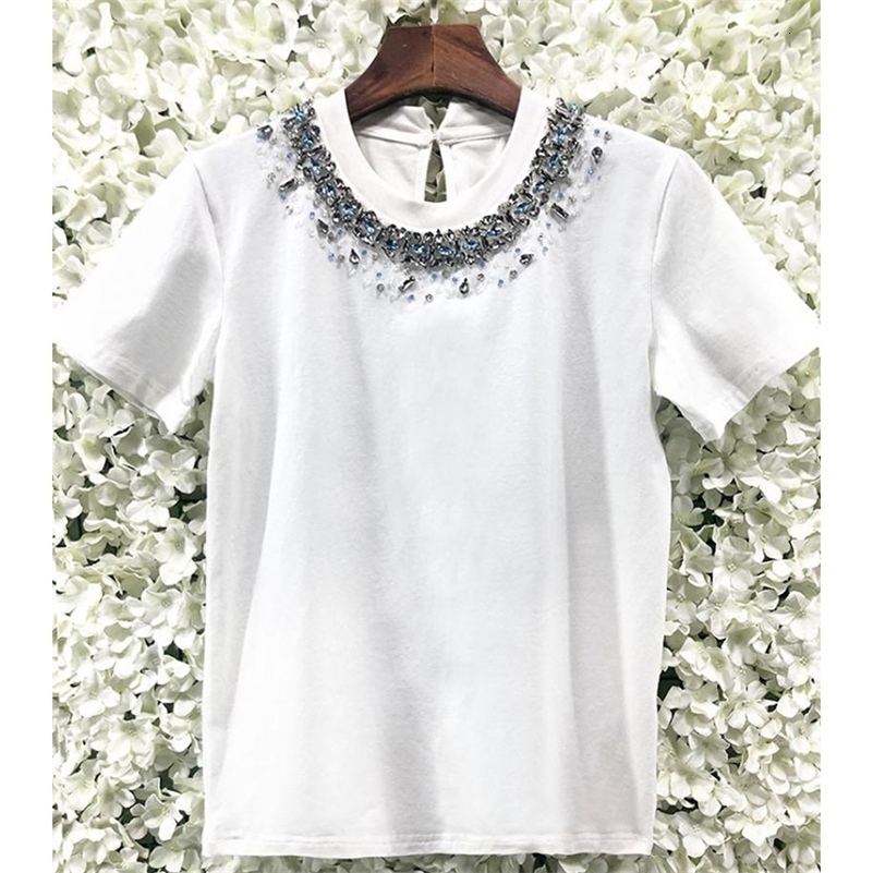 

Women's T-Shirt High Quality Beading O-Neck Loose Short-Sleeved Cotton White T-Shirt Summer Top Women Brand Clothes 230414, Skirt