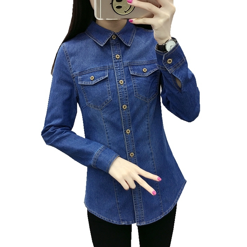 

Women' Blouses Shirts Fashion Spring Autumn women cotton pocket Turn-down Collar full-sleeve blouse Single Breasted blue Denim shirt casual tops 230414, Dark blue