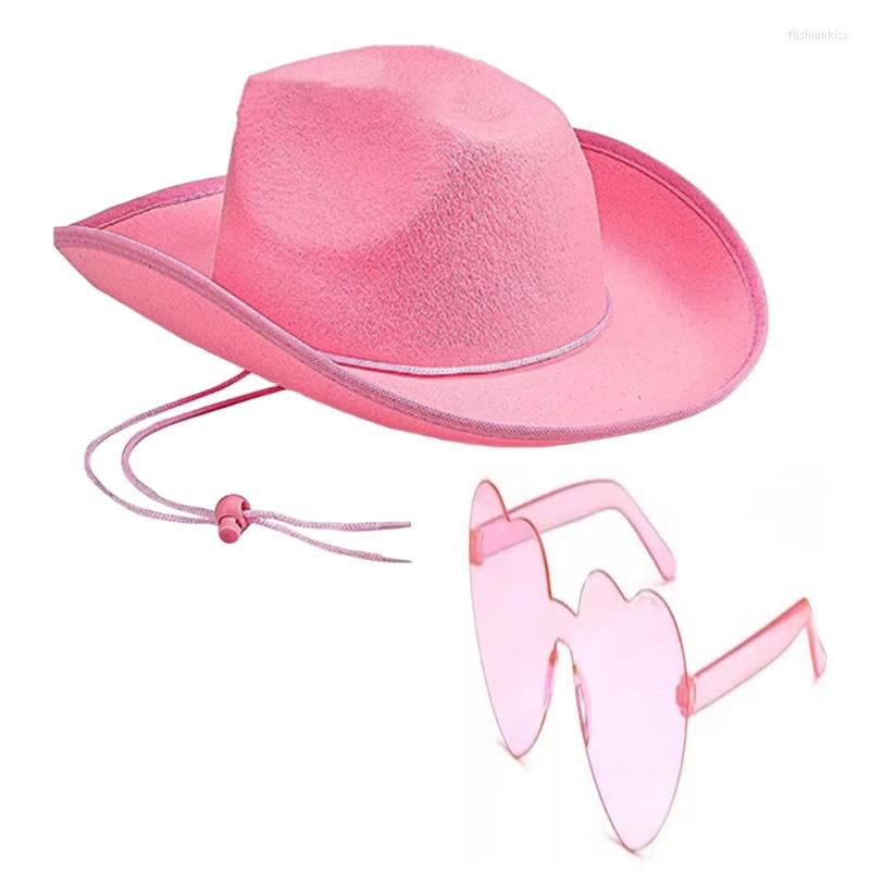 

Berets Western Cowgirl Hat Set For Adult Cowboy And Heart Shaped Sunglasses Fit Most Women Men Teens Theme Party