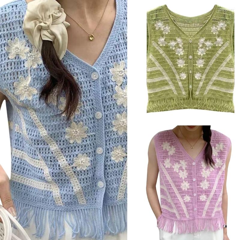 

Women's Knits Women Hollow-Out Floral Cardigans Lightweight Sleeveless Knitted Cropped Open Front Button Down Slim Shrug Sweater Top, Green