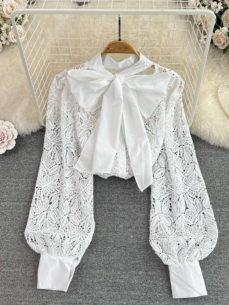 

Women's Blouses Women Spring Shirt Temperament Vintage Long Sleeve Perspective Hollow Out With Bow Tie Loose Lace Fashionable Top D3394, Green