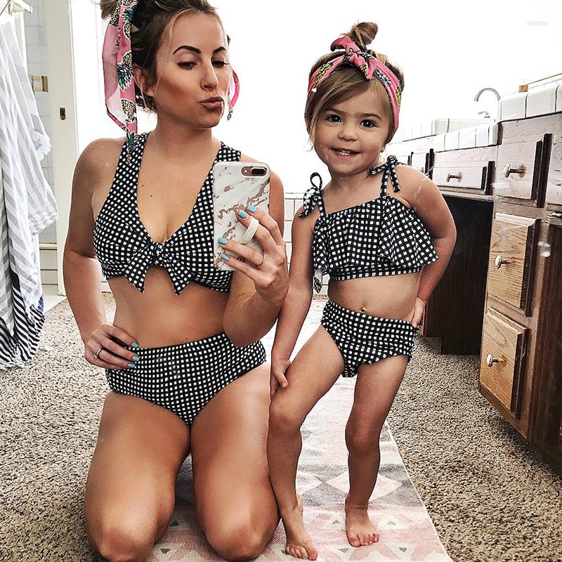 

Women's Swimwear Mom Baby Ruffle Off Shoulder Sexy Women Knotted Padded High Waist Lattice Swimsuit Mommy And Me Beach Wear Bathing Suit, Black