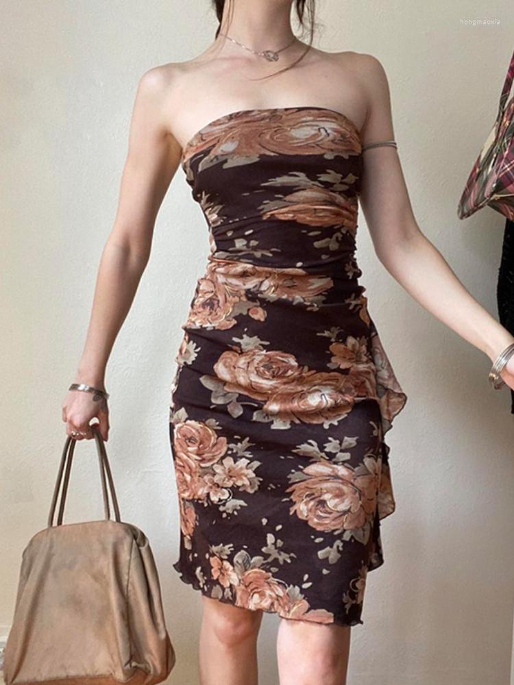 

Casual Dresses Vintage Floral Print Mesh Strapless Beach For Women 2023 Summer Vacation Outfits Ruffles Elegant Birthday Dress, Picture shown