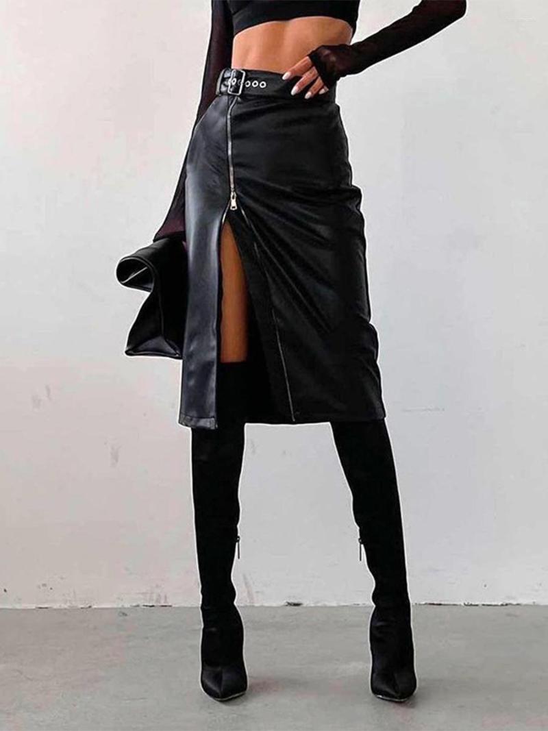 

Skirts Women' Punk Style Faux Leather Pencil Skirt High Waist Solid Color Split Bodycon Midi With Belt, Black