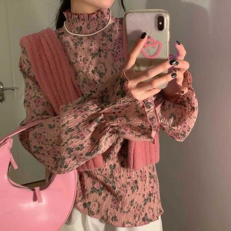 

Spring And Womens Blouses Autumn Style Pink Floral Peplum Top Stringy Selvedge, Pink4