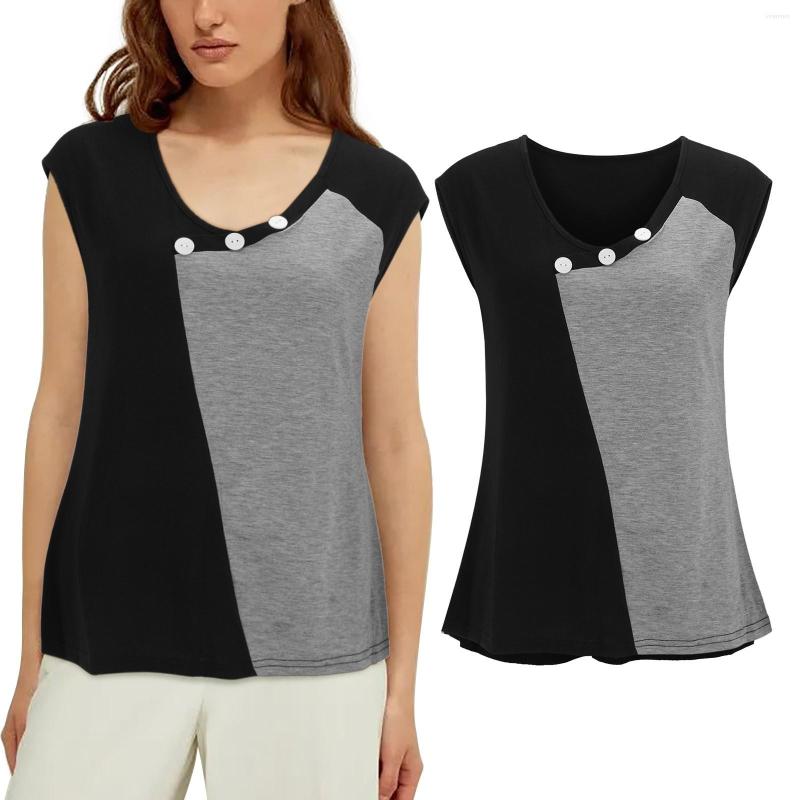 

Women's T Shirts Women's Patchwork Contrast V Neck Button Shirt Women, Black