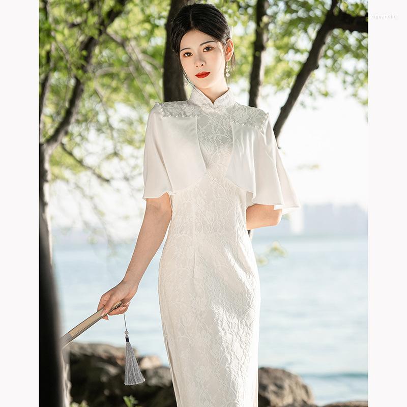 

Ethnic Clothing White Lace Cheongsam Chinese Style Young Girl Retro Temperament Slim Long Improved Version Of Dress Wholesale Summer 2023