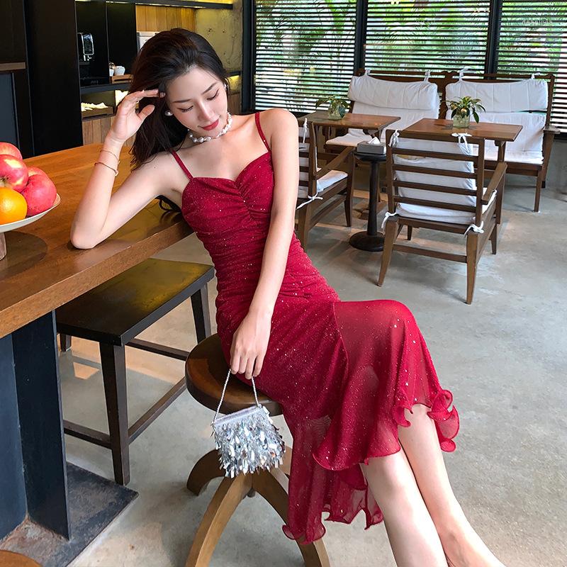 

Casual Dresses Fashion Sexy Spaghetti Strap Dress For Women Summer Slim Long Gowns With Bling Dot Ladies Female Club Party, Red