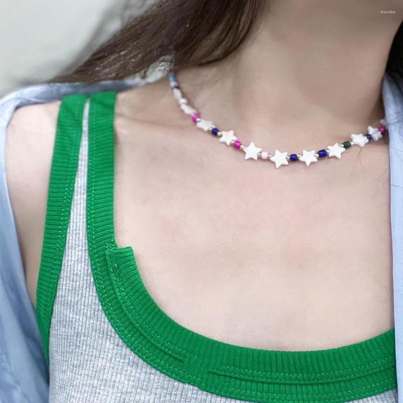 

Choker 2023 Korean Fashion Freshwater Pearl Beaded Stars Necklace For Women Aesthetic Jewelry Colorful Rice Bead Neck Accessories