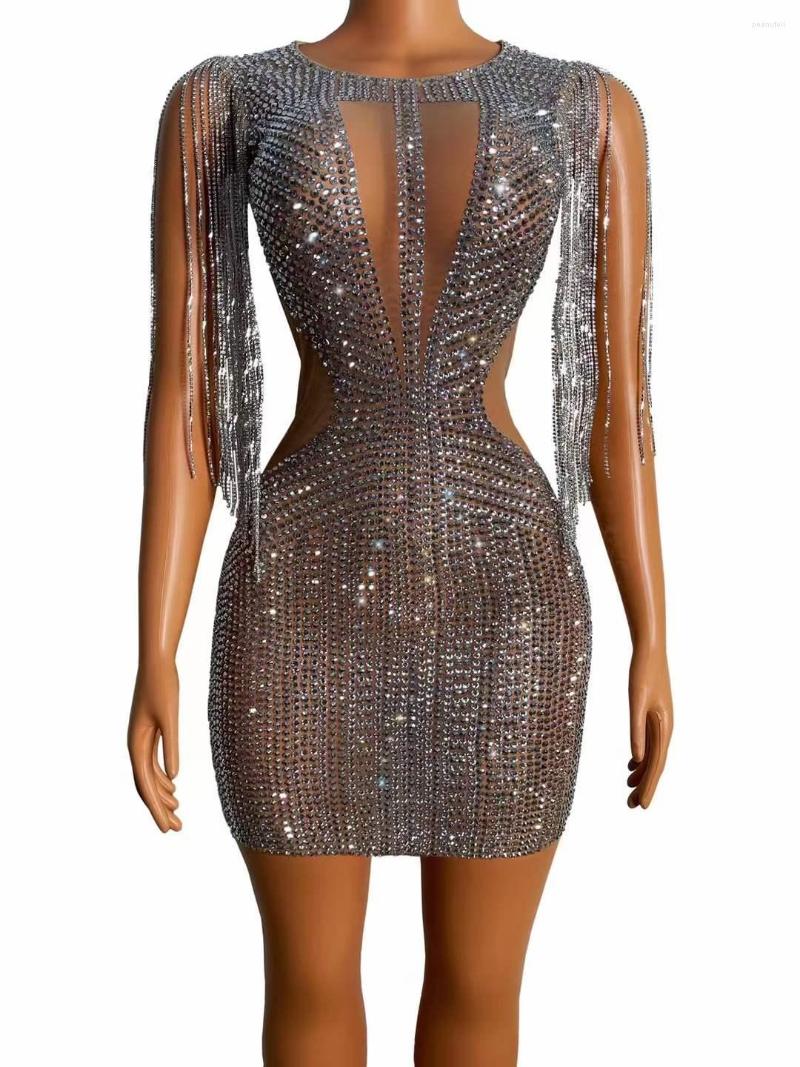 

Stage Wear Sparkle Rhinestones Sleeveless Fringe Women Short Mini Dress Sexy Birthday Drag Queen Outfit Homecoming Nightclub Prom Costumes