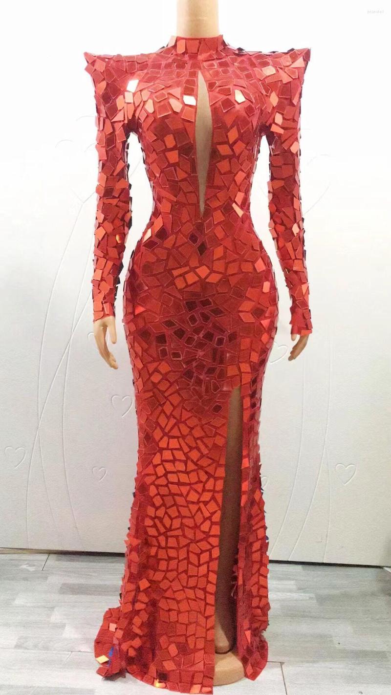 

Stage Wear Red Silver Gold Mirrors Long Dress Birthday Evening Celebrate Show Outfit Sexy Costume Women Dance Club Hongjing