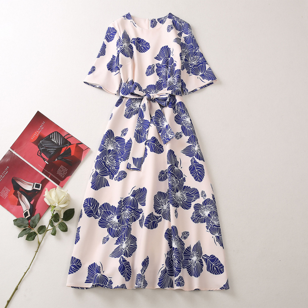 

2023 Summer Multicolor Floral Print Belted Dress 1/2 Half Sleeve Round Neck Midi Casual Dresses A3A101500 Plus Size XXL, Multi