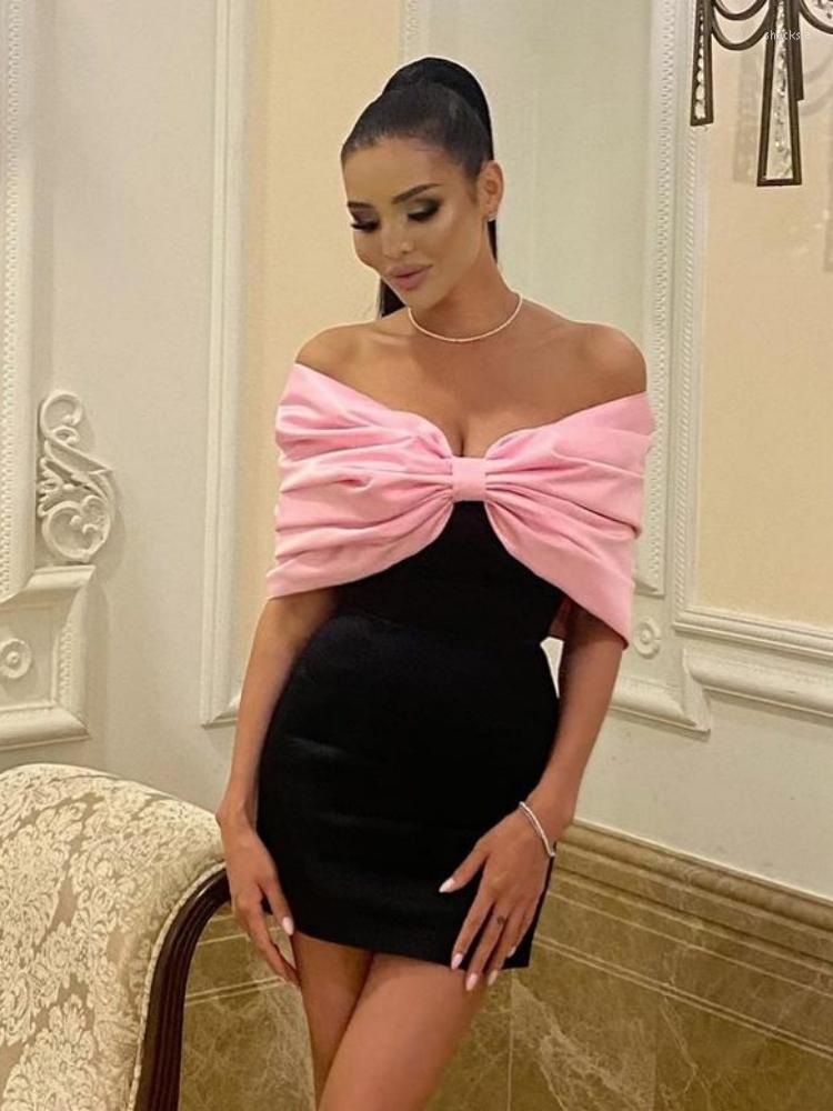 

Casual Dresses Sexy Big Bow Design Off Shoulder Mini Dress Elegant Black Straples Pink Bowknot Bodycon Celebirty Party Club