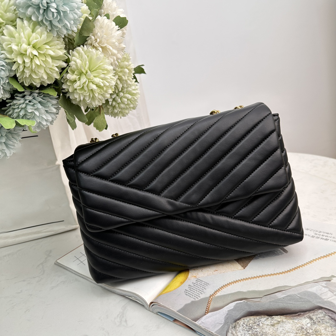 

7A Designer Bags Women Sheepskin Chain Shoulder Handbags Diagonal Stripes Soft Flap Purse, Black with black chain