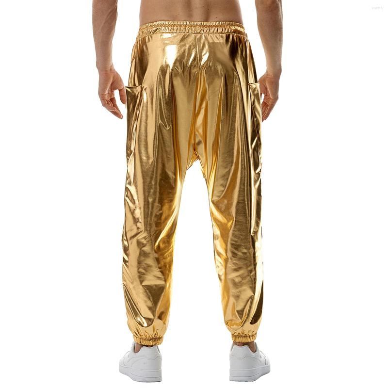 

Men' Pants Mens Metallic Shiny Hip Hop Fashion Drawstring Elastic Waistband Trousers Halloween Disco Theme Party Costume, Gold