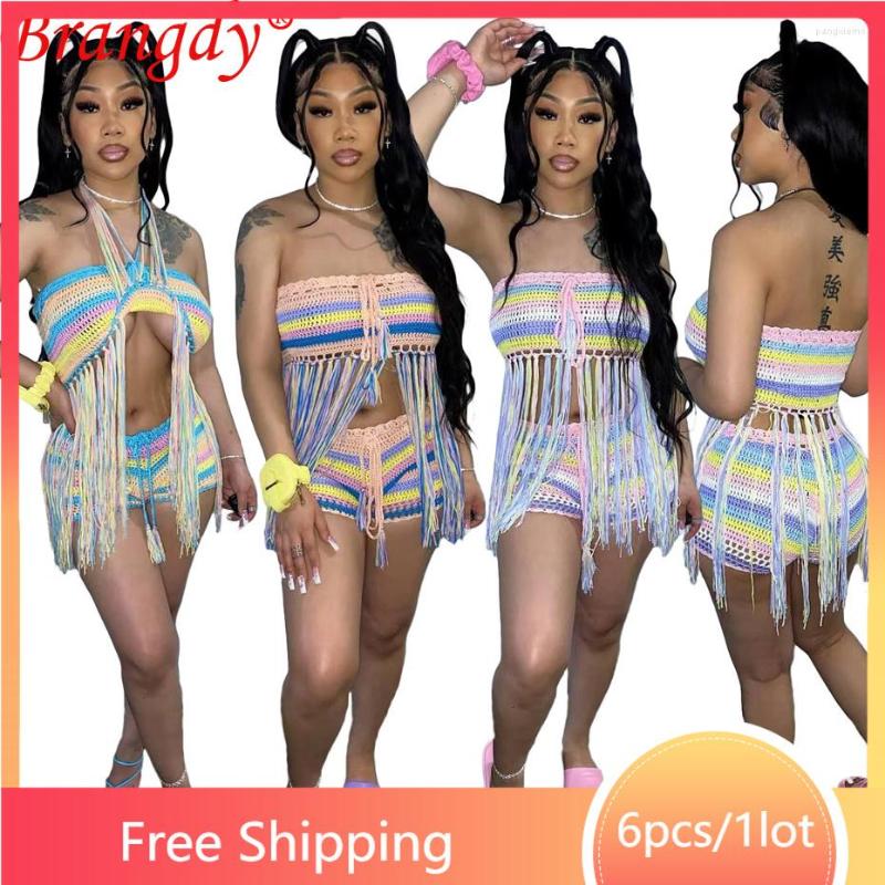 

Women's Tracksuits 6sets Wholesale Items For Business Summer Crochet Tassel Shorts 2 Piece Set Outfits Women Tracksuit Fashion Suits B9345, Mix color