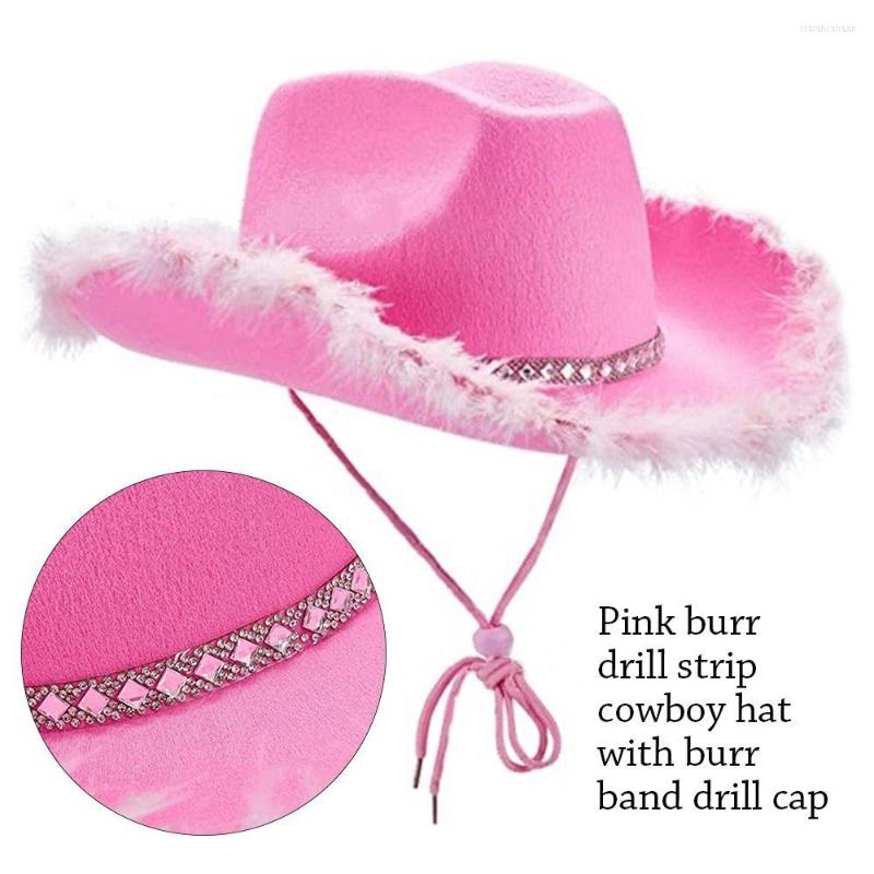

Berets Playing Dress Up Cowgirl Hat All-match Wide Brim Cowboy Fluffy Feather, Pink