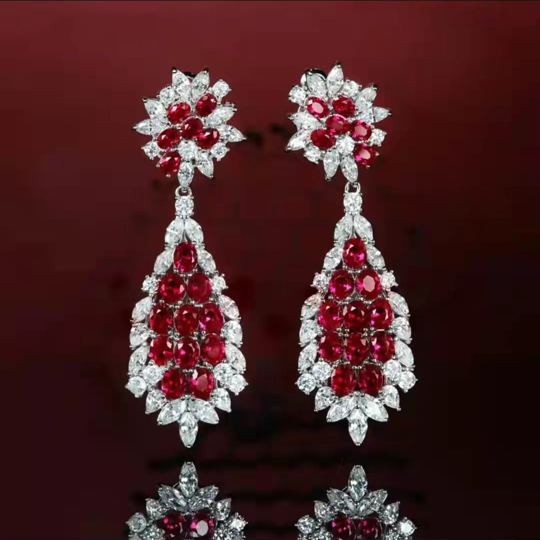 

Luxury Flower Ruby Earrings 925 Sterling silver Party Wedding Drop Dangle Earrings for Women Bridal Promise Engagement Jewelry