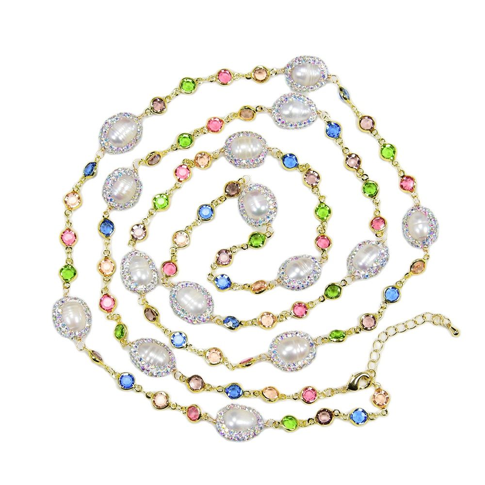 

Beaded Necklaces 48'' Freshwater Cultured White Rice Crystal Paved Mix Color Crystal CZ Micro Rosary Chain Long Necklace Lady Jewelry Gifts