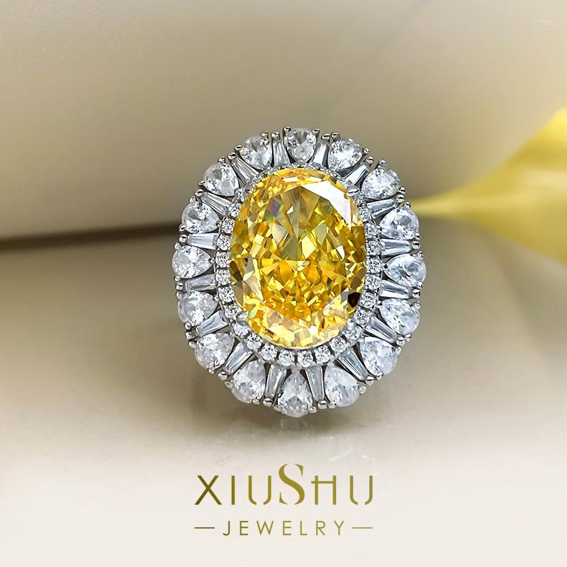 

Cluster Rings 14 Explosive Flash Artificial Yellow Diamond Ring 925 Sterling Silver Pigeon Egg Index Finger European And American M