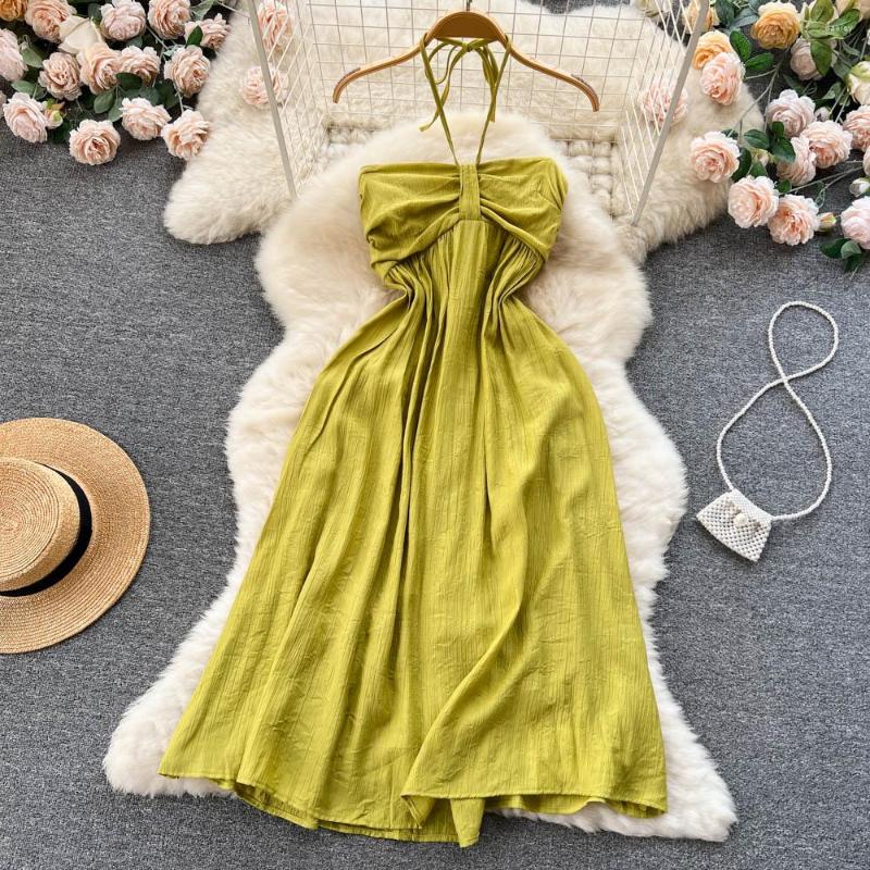 

Casual Dresses Clothland Women Sexy Halter Sleeveless Dress Lace Up Elastic Back Backless Holiday Summer Midi Vestido QB795, Picture shown