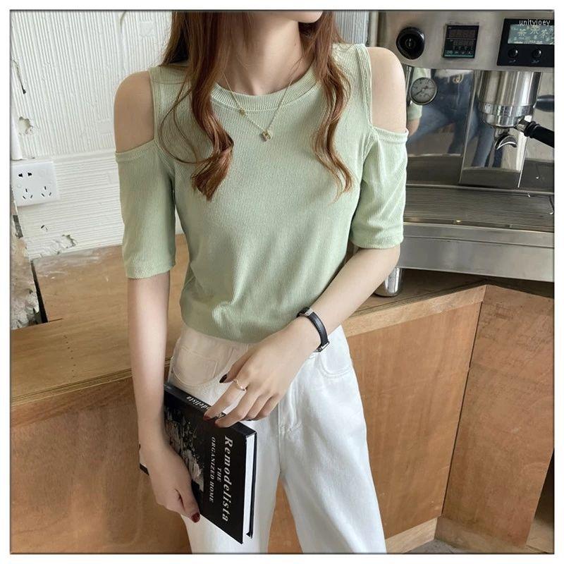 

Women's T Shirts Y2K Summer Slim T-shirt Women Shoulder Off Short Sleeve Korean Fashion Tee Shirt Femme Knit Sexy Tshirt Woman Top, Black
