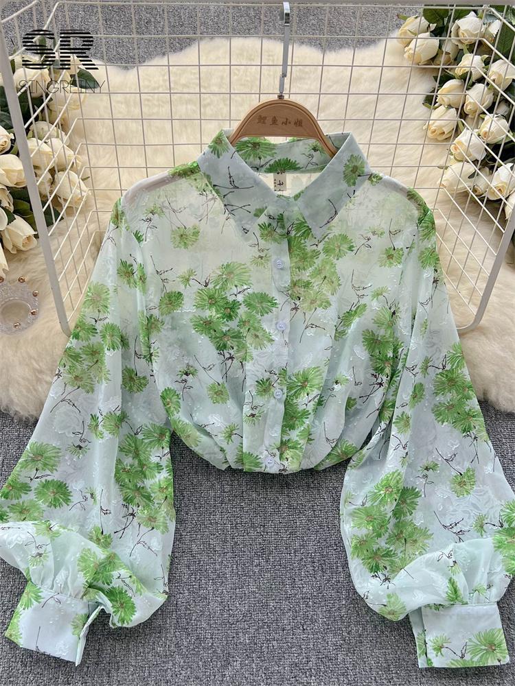 

Women's Blouses SINGREINY Floral Print Chiffon Blouse Summer Lantern Sleeve Retro Fashion 2023 Casual Ladies Loose Sunscreen Chic Sexy Shirt, Green