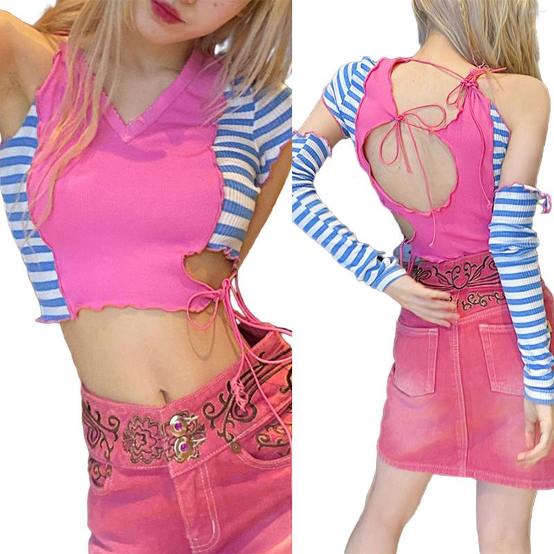 

Women' T Shirts Patchwork Hollow Out Striped Shirt Womens Cutout Crop Tank Tops Short Sleeve V Neck Color Block Rib Knit Camisole Arm, Pink