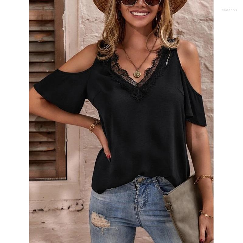 

Women' Blouses Casual Elegant Simple Lace Shirts Short Sleeve V-neck Blouse Fashion Women Summer Off Shoulder Tops Ladies T-shirt Loose, Black