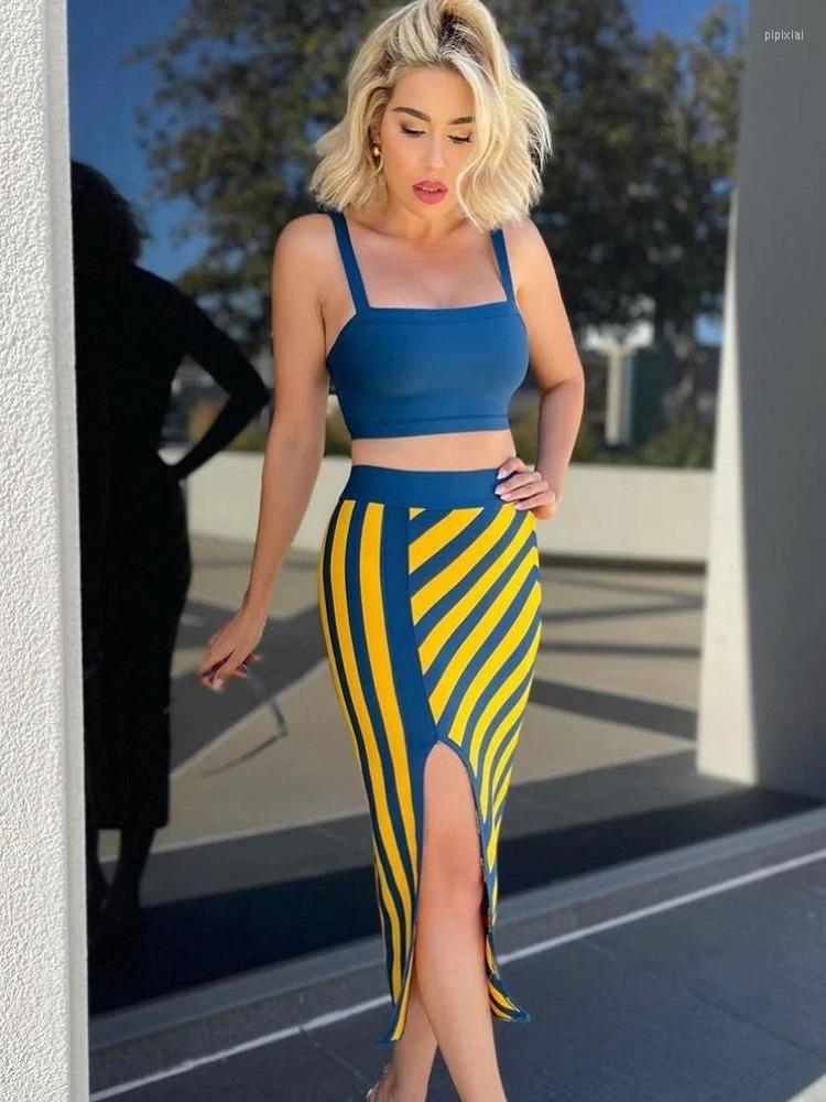 

Work Dresses BEAUKEY Fashion Sexy Blue Bandage Top Camis 2023 For Women Strips Yellow Bodycon Pencil Skirt Split Office Lady Sets 2 Piece XL, As photo