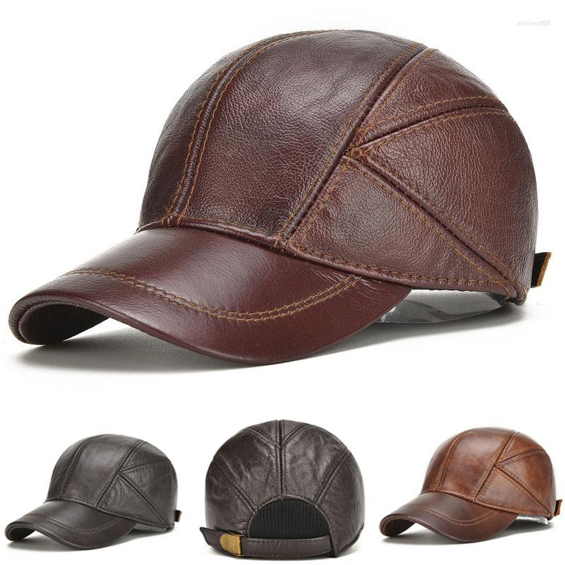 

Ball Caps Men Winter Warm Baseball Cap Genuine Leather Adjustable Hat With Ear Flaps 2023 Bomber Windproof Outdoor, Reddish brown